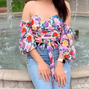 Floral Cross Wrap Front Tie Hem Exposed Zipper Back Bardot Top